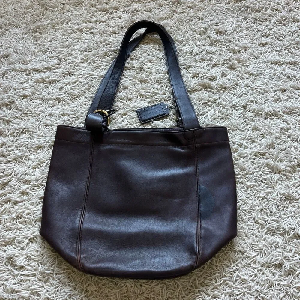 Vintage Coach Leather Shoulder Bucket Bag Purse Dark Brown Double Strap